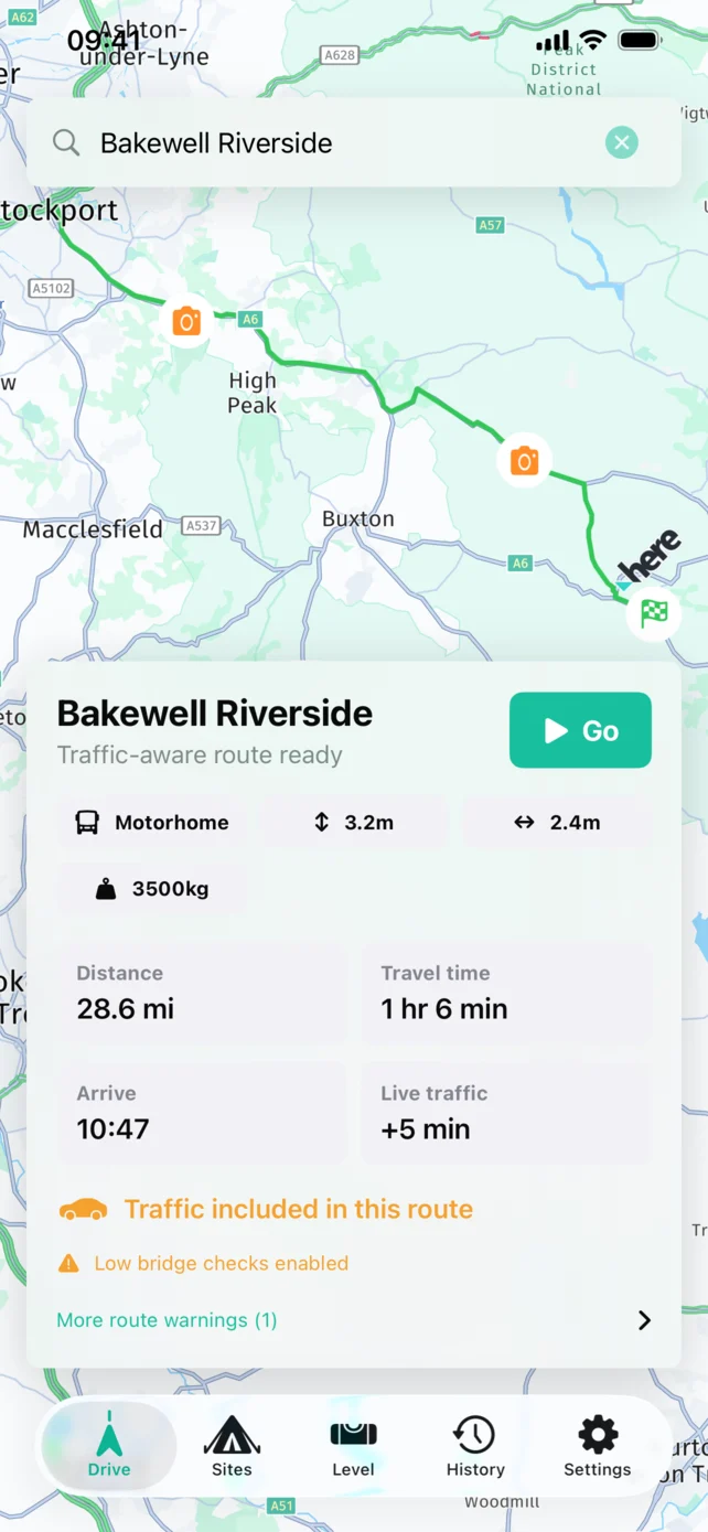 The app showing a traffic-aware route to Bakewell Riverside with motorhome dimensions and arrival time