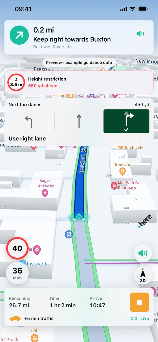 Live navigation with turn guidance and speed information