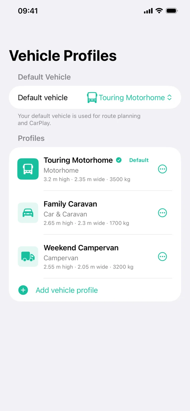 Vehicle profiles for a motorhome, caravan and campervan