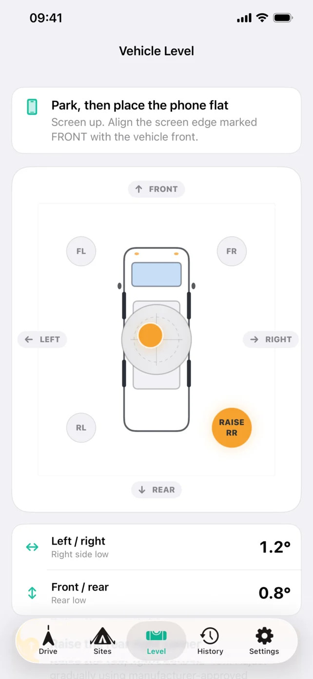 Vehicle levelling tool showing front, rear, left and right levels