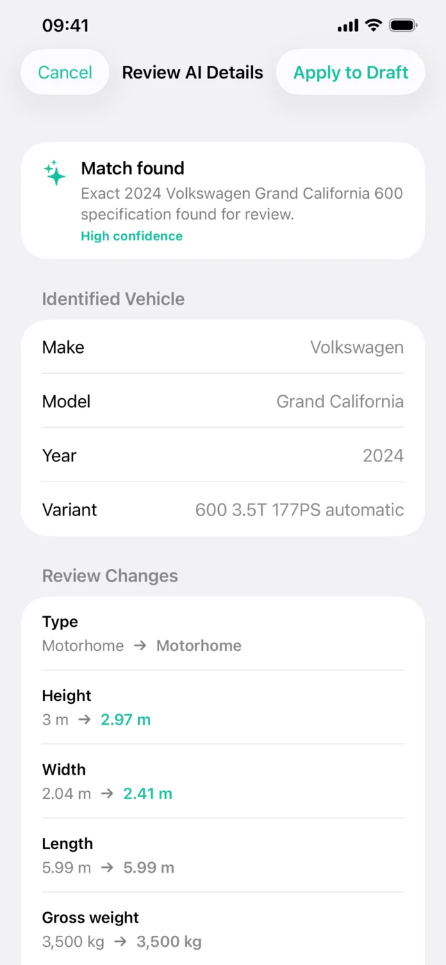AI-suggested vehicle dimensions ready for review in the app