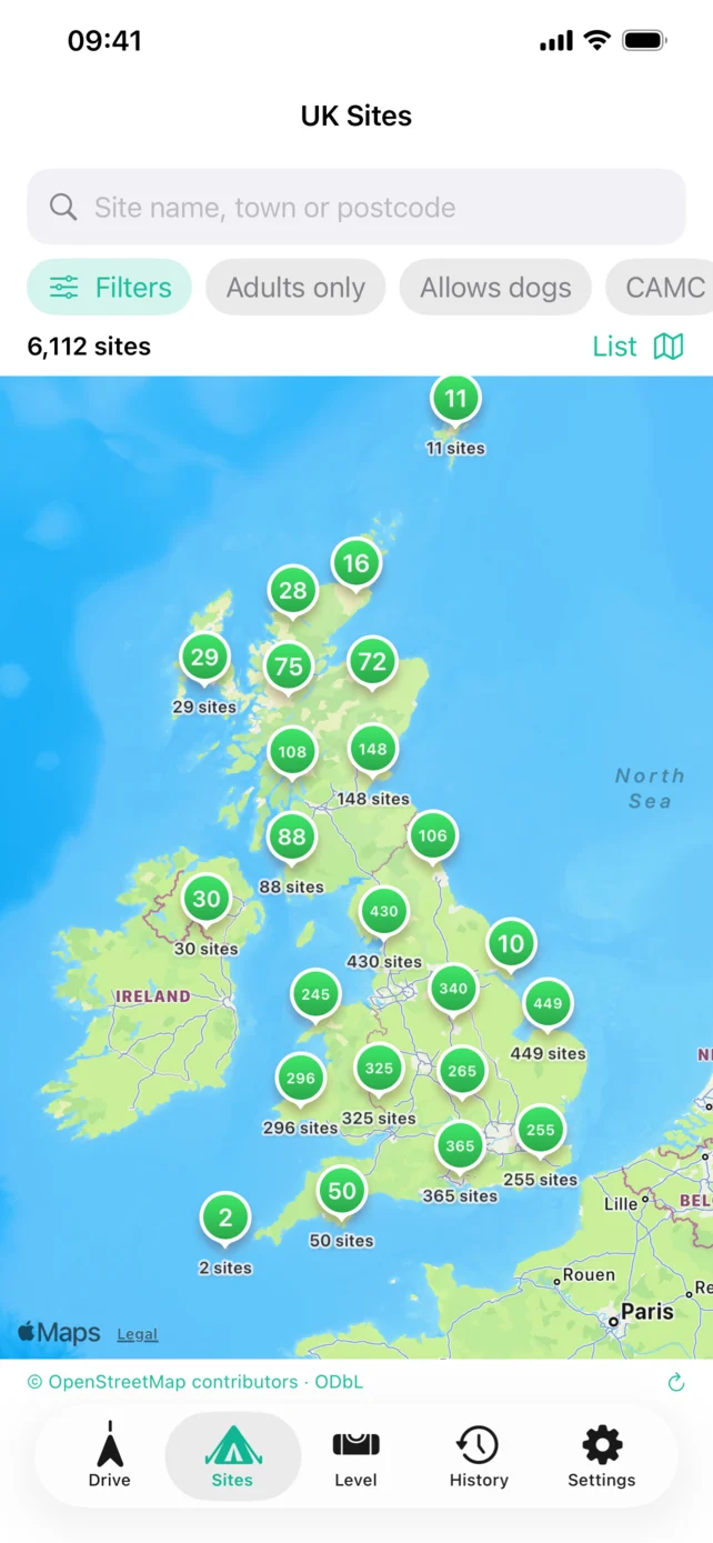 Map showing UK campsite locations in the app